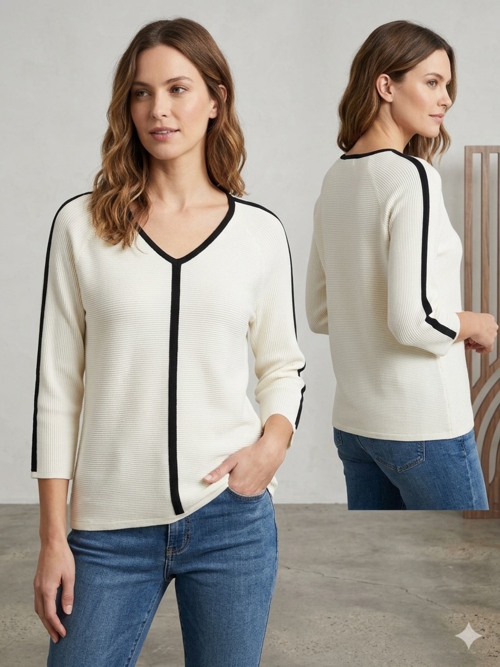 Attitudes by Renee White Scoop Neck Sweater with Black Trim
